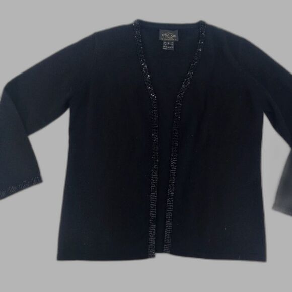 Oscar de La Renta 100% Cashmere Black Cardigan with Sequin Trim Size S